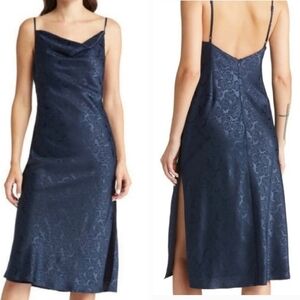 Lulu's NEW You're My Type‎ Midnight Blue Satin Jacquard Midi Slip Dress Drape Md